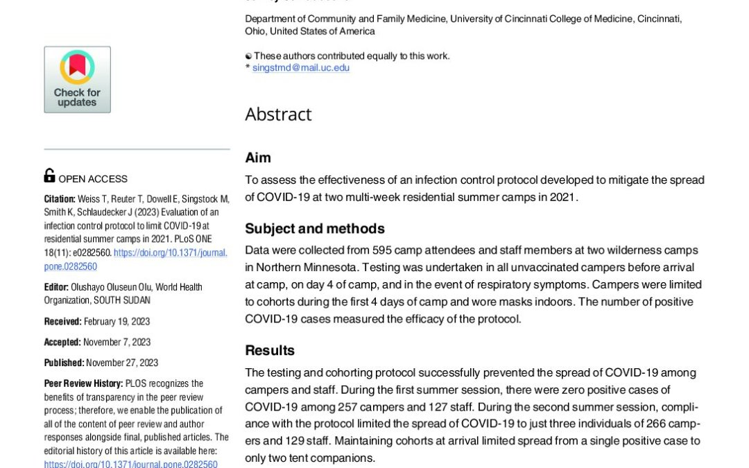 COVID Article – Evaluation of an infection control protocol to limit Covid 19 at residential summer camps in 2021 (Weiss et al., 2023)